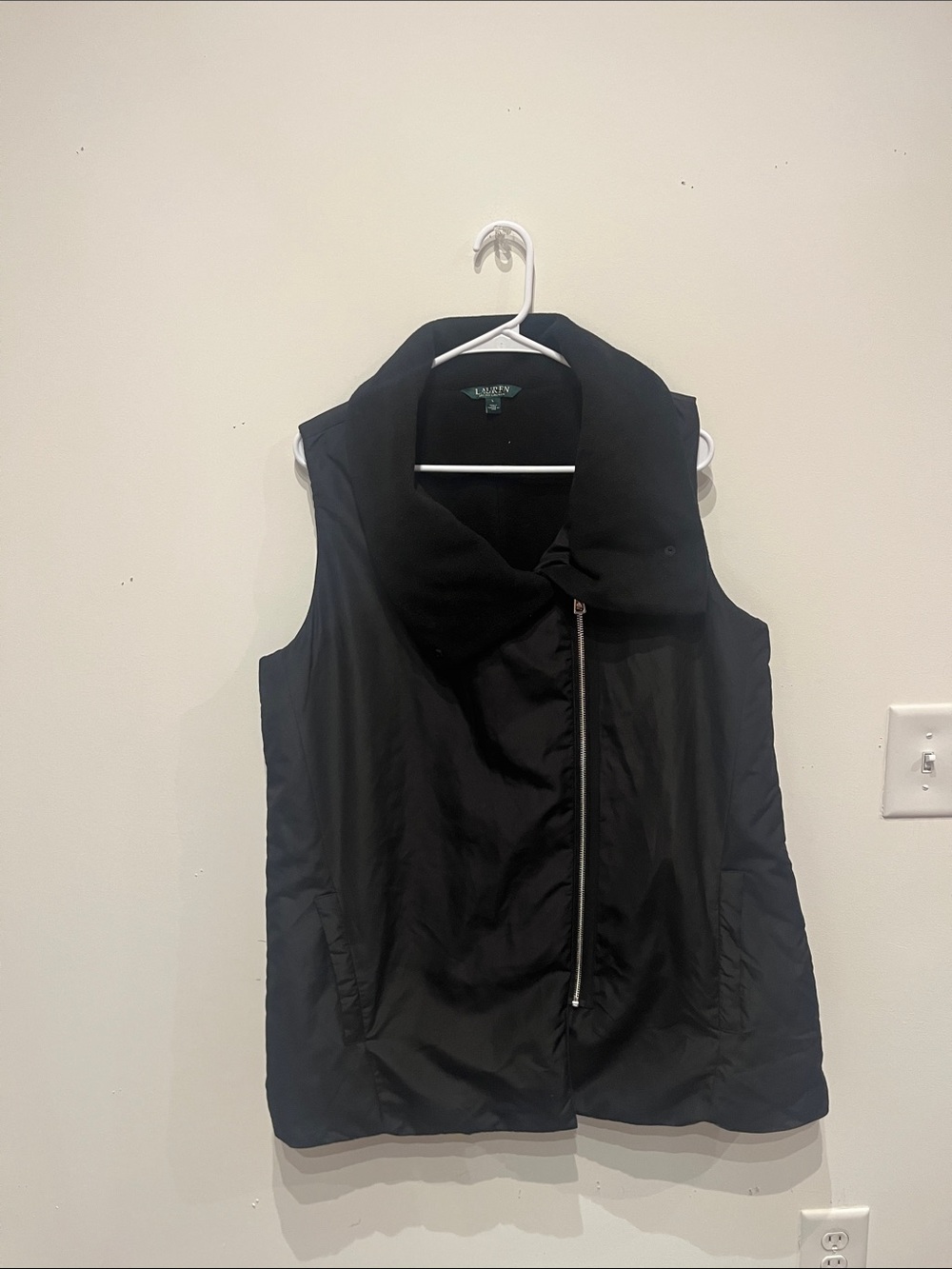 Lauren Ralph Lauren Oversized Black Asymmetrical Zipper Puffer Vest